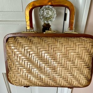 Vintage British Hong Kong Rattan Wicker Handbag Purse Lucite Handle Handmade EUC